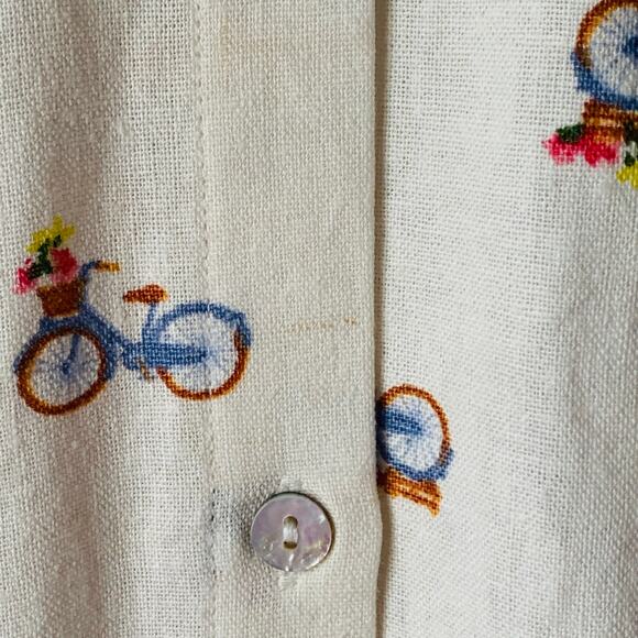 Rae Dunn Women's Linen Bicycle Pattern Button Up Shirt Short Sleeve Collar Large - Picture 7 of 16